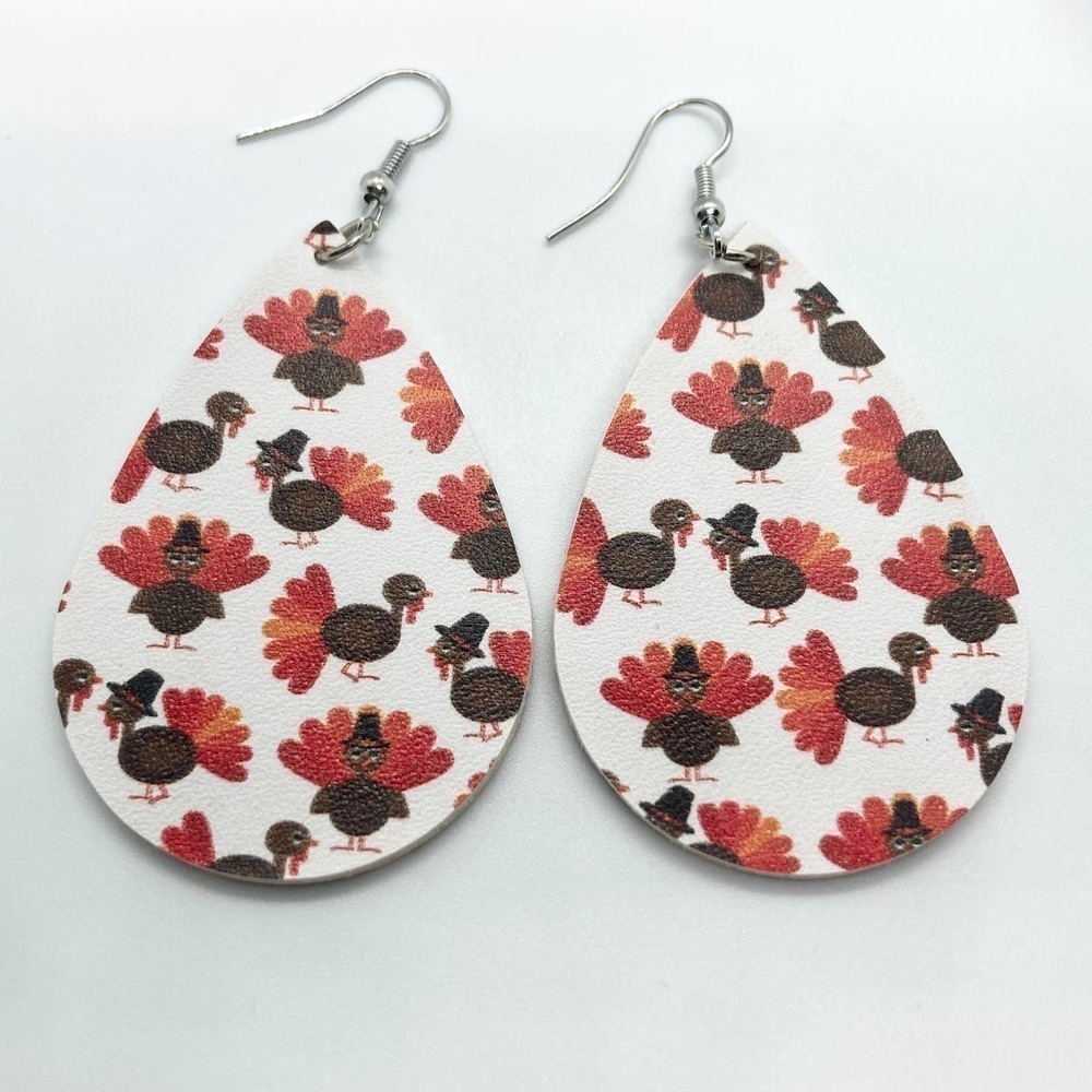 Faux Leather Teardrop Turkey Print Earrings - Picture 2 of 5